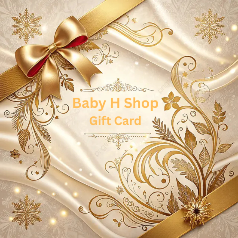 Decorative gift card with gold bow and floral designs, featuring 'Baby H Shop' text.