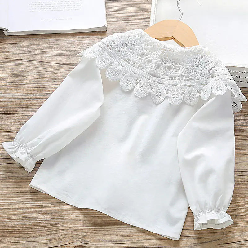Girls' Long-Sleeved White Lace Cotton T-Shirt - Baby Heaven Shop