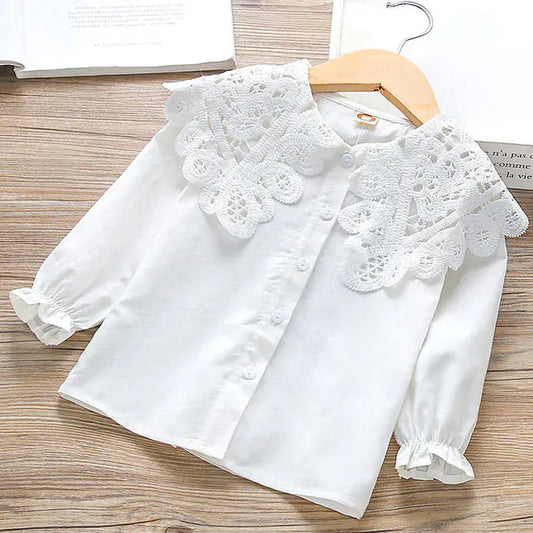 Girls' Long-Sleeved White Lace Cotton T-Shirt - Baby Heaven Shop